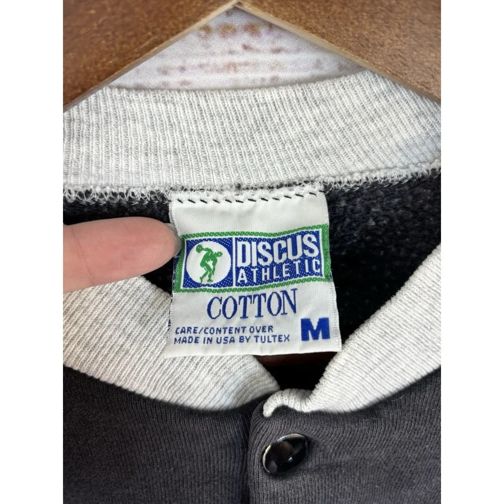 Vintage 80s Discus Athletics Varsity Jacket M Button Sweatshirt Black Gray Faded